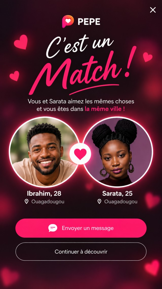 Un match sur PEPE : Ibrahim et Sarata, tous deux à Ouagadougou, avec le bouton Envoyer un message.